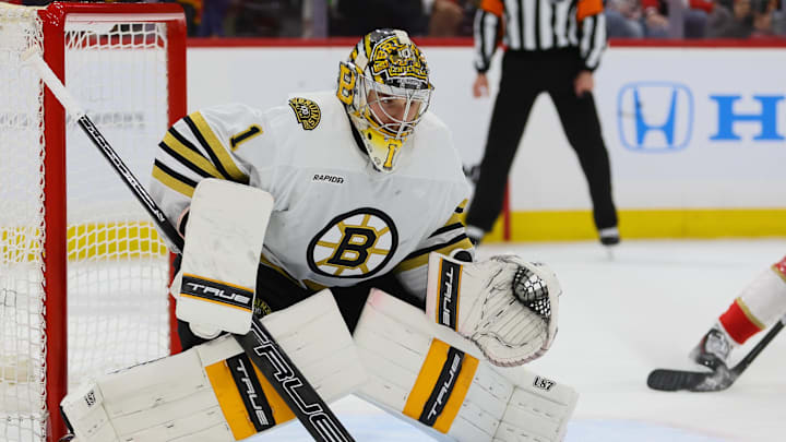 May 6, 2024; Sunrise, Florida, USA; Boston Bruins goaltender Jeremy Swayman (1) defends his net against the Florida Panthers during the second period in game one of the second round of the 2024 Stanley Cup Playoffs at Amerant Bank Arena. Mandatory Credit: Sam Navarro-Imagn Images May 6, 2024; Sunrise, Florida, USA; Boston Bruins goaltender Jeremy Swayman (1) defends his net against the Florida Panthers during the second period in game one of the second round of the 2024 Stanley Cup Playoffs at Amerant Bank Arena. Mandatory Credit: Sam Navarro-Imagn Images