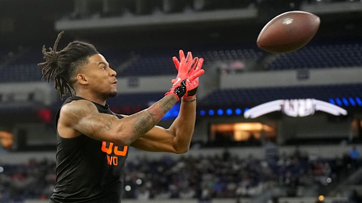Mar 1, 2025; Indianapolis, IN, USA; Texas wideout Isaiah Bond (WO05) during the 2025 NFL Combine at Lucas Oil Stadium. Mandatory Credit: Kirby Lee-Imagn Images Mar 1, 2025; Indianapolis, IN, USA; Texas wideout Isaiah Bond (WO05) during the 2025 NFL Combine at Lucas Oil Stadium. Mandatory Credit: Kirby Lee-Imagn Images