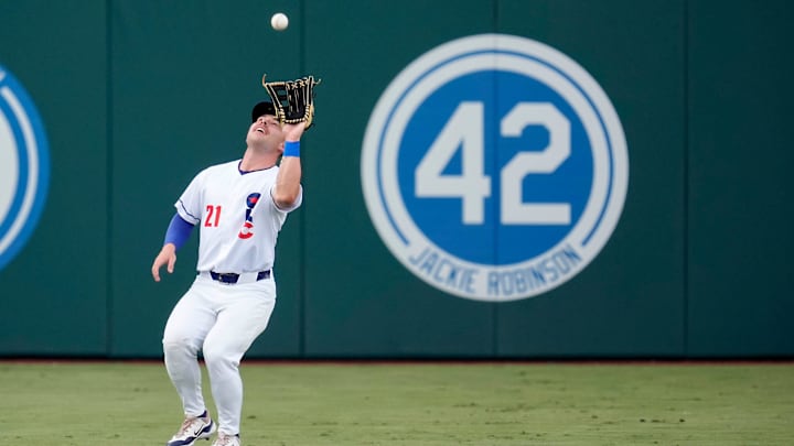 Oklahoma City's Dalton Rushing (21) catches the ball for an out uring a baseball game between the Oklahoma City Baseball Club and the Round Rock Express at the Chickasaw Bricktown Ballpark in Oklahoma City, Wednesday, Aug. 7, 2024.