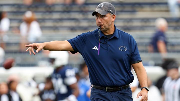 Penn State Nittany Lions coach Matt Campbell instructs his players before the game vs. the Buffalo Bulls at Beaver Stadium. 