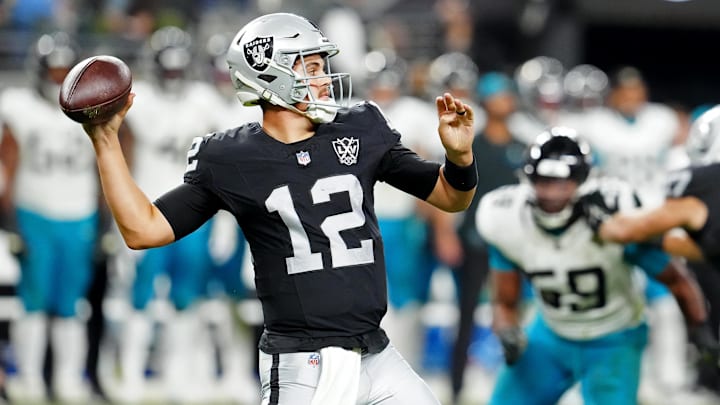 Dec 22, 2024; Paradise, Nevada, USA; Las Vegas Raiders quarterback Aidan O'Connell (12) looks to pass against the Jacksonville Jaguars during the third quarter at Allegiant Stadium. Mandatory Credit: Stephen R. Sylvanie-Imagn Images Dec 22, 2024; Paradise, Nevada, USA; Las Vegas Raiders quarterback Aidan O'Connell (12) looks to pass against the Jacksonville Jaguars during the third quarter at Allegiant Stadium. Mandatory Credit: Stephen R. Sylvanie-Imagn Images