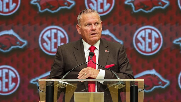 Jul 17, 2025; Atlanta, GA, USA; Arkansas Razorbacks head coach Sam Pittman talks to the media during the SEC Media Days at Omni Atlanta Hotel. Mandatory Credit: Jordan Godfree-Imagn Images