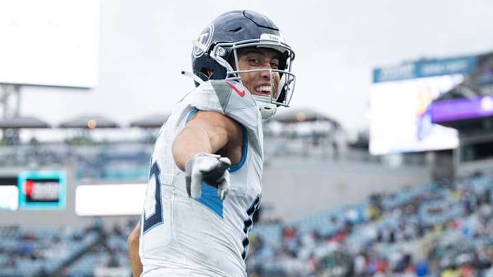 Tennessee Titans wide receiver Nick Westbrook-Ikhine (15) celebrates a touchdown in the third quarter against the Jacksonville Jaguars at EverBank Stadium. Tennessee Titans wide receiver Nick Westbrook-Ikhine (15) celebrates a touchdown in the third quarter against the Jacksonville Jaguars at EverBank Stadium.