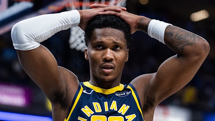 Former Indiana Pacers guard/forward Bennedict Mathurin (00) in the first half against the Atlanta Hawks at Gainbridge Fieldhouse.