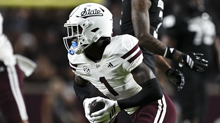 Oct 4, 2025; College Station, Texas, USA; Mississippi State Bulldogs cornerback Kelley Jones (1) runs the ball after catching an interception during the second quarter against the Texas A&M Aggies at Kyle Field. Mandatory Credit: Maria Lysaker-Imagn Images 