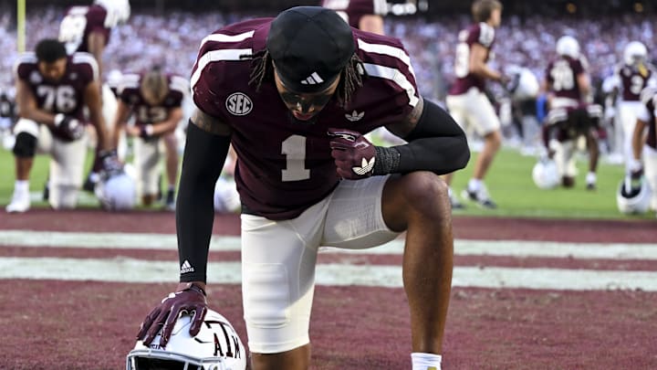 Oct 11, 2025; College Station, Texas, USA; Texas A&M Aggies safety Bryce Anderson (1) kneels prior to the game against the Florida Gators at Kyle Field. Mandatory Credit: Maria Lysaker-Imagn Images Oct 11, 2025; College Station, Texas, USA; Texas A&M Aggies safety Bryce Anderson (1) kneels prior to the game against the Florida Gators at Kyle Field. Mandatory Credit: Maria Lysaker-Imagn Images