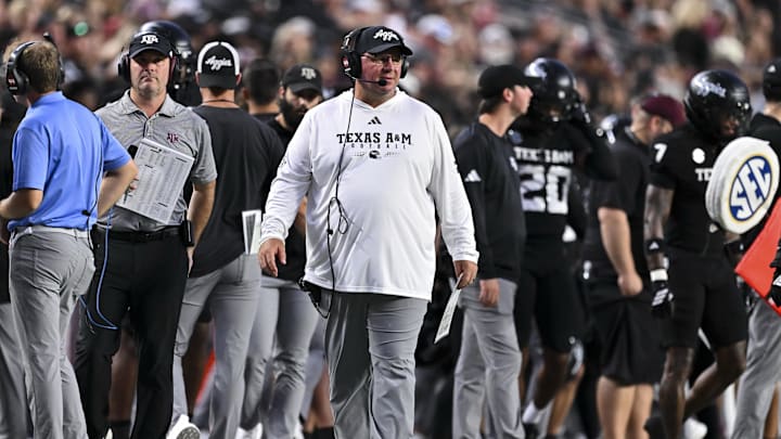 Oct 4, 2025; College Station, Texas, USA; Texas A&M Aggies head coach Mike Elko looks on during the first half against the Mississippi State Bulldogs at Kyle Field. Mandatory Credit: Maria Lysaker-Imagn Images 