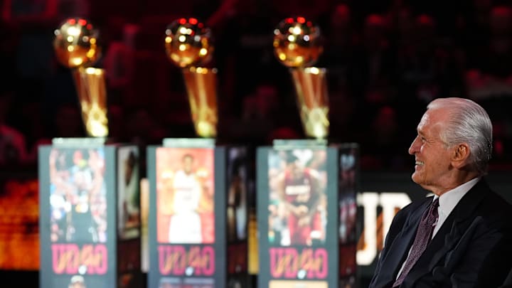 Jan 19, 2024; Miami, Florida, USA; Miami Heat president Pat Riley sits on the court for the jersey retirement ceremony for former player Udonis Haslem during halftime of the game between the Miami Heat and the Atlanta Hawks Kaseya Center. Mandatory Credit: Jasen Vinlove-Imagn Images