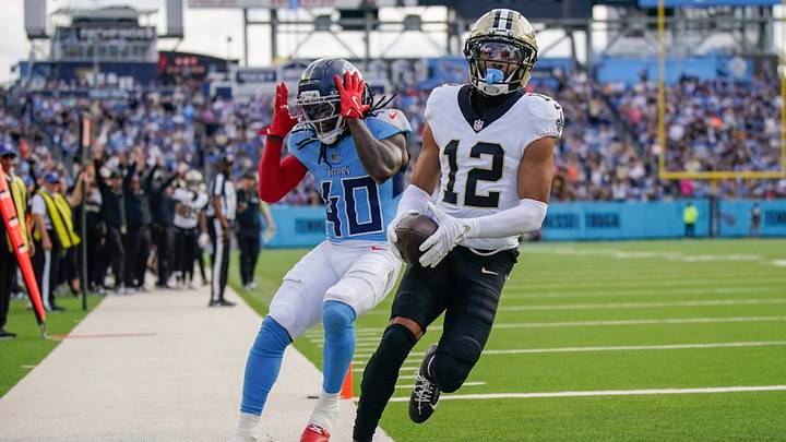 Tennessee Titans cornerback Kemon Hall (40) reacts to New Orleans Saints wide receiver Chris Olave (12) running in a touchdown during the third quarter at Nissan Stadium in Nashville, Tenn., Sunday, Dec. 28, 2025.