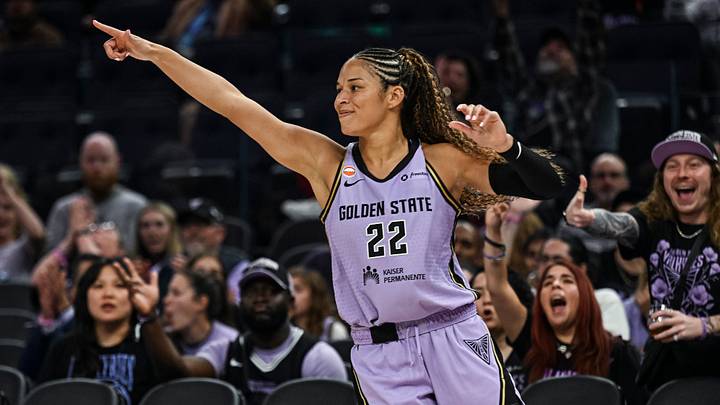 Sep 19, 2026; San Francisco, California, USA;  Golden State Valkyries guard Veronica Burton (22) reacts after a three-point basket during the third period against the Seattle Storm at Chase Center.  Mandatory Credit: Justine Willard-Imagn Images
