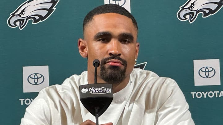 Jalen Hurts speaks to reporters after a minicamp practice on June 10, 2025. Jalen Hurts speaks to reporters after a minicamp practice on June 10, 2025.