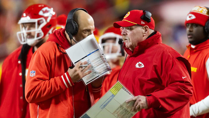 Jan 26, 2025; Kansas City, MO, USA; Kansas City Chiefs offensive coordinator Matt Nagy (left) and head coach Andy Reid against the Buffalo Bills during the AFC Championship game at GEHA Field at Arrowhead Stadium. Mandatory Credit: Mark J. Rebilas-Imagn Images
