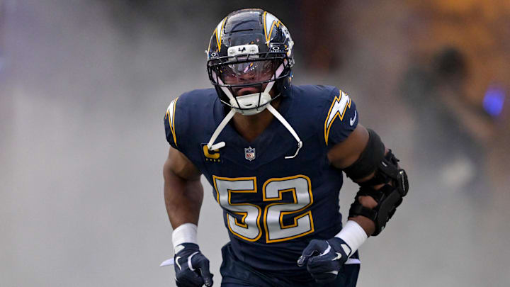 Oct 23, 2025; Inglewood, California, USA;  Los Angeles Chargers outside linebacker Khalil MacK (52) is introduced for the game against the Minnesota Vikings at SoFi Stadium. Mandatory Credit: Jayne Kamin-Oncea-Imagn Images