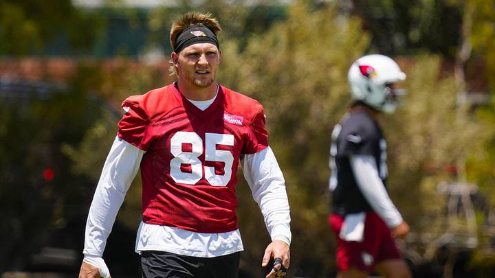 Cardinals tight end Trey McBride (85) walks during organized team activities at the Cardinals Training Facility in Tempe on May 27, 2026.