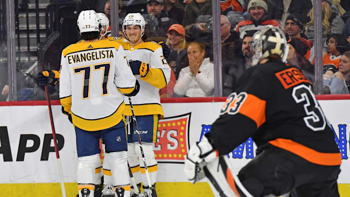 Dec 21, 2023; Philadelphia, Pennsylvania, USA; Nashville Predators center Philip Tomasino (26)