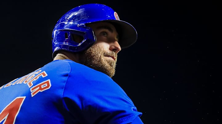 Jul 31, 2024; Cincinnati, Ohio, USA; Chicago Cubs designated hitter Cody Bellinger (24) stands in the dugout in the eighth inning in the game against the Cincinnati Reds at Great American Ball Park