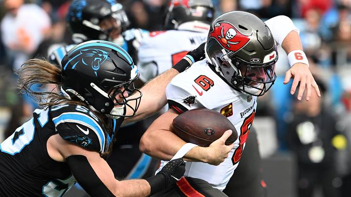 Carolina Panthers linebacker Christian Rozeboom (56) sacks Tampa Bay Buccaneers quarterback Baker Mayfield Carolina Panthers linebacker Christian Rozeboom (56) sacks Tampa Bay Buccaneers quarterback Baker Mayfield