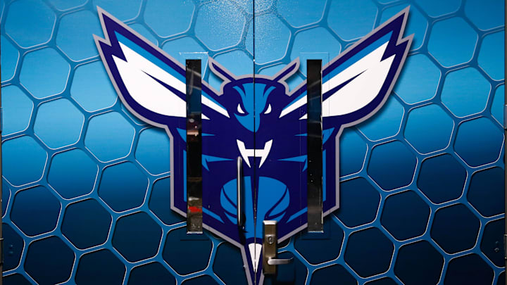 Oct 20, 2017; Charlotte, NC, USA; The Charlotte Hornets logo on the doors to the locker rooms prior to the game against the Atlanta Hawks at Spectrum Center. Mandatory Credit: Jeremy Brevard-Imagn Images Oct 20, 2017; Charlotte, NC, USA; The Charlotte Hornets logo on the doors to the locker rooms prior to the game against the Atlanta Hawks at Spectrum Center. Mandatory Credit: Jeremy Brevard-Imagn Images