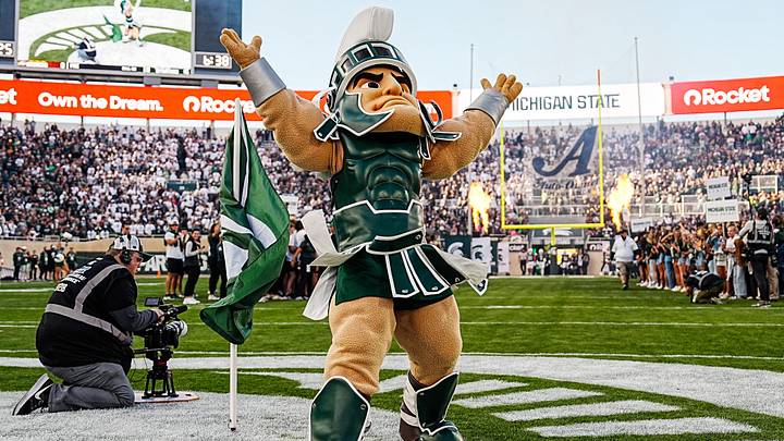 Michigan State mascot Sparty takes the field ahead of the first half against Western Michigan at Spartan Stadium in East Lansing on Friday, August 29, 2025. Michigan State mascot Sparty takes the field ahead of the first half against Western Michigan at Spartan Stadium in East Lansing on Friday, August 29, 2025.