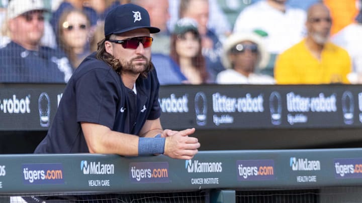 Aug 1, 2024; Detroit, Michigan, USA; Detroit Tigers outfielder Ryan Vilade (50) watches the action from the dugout in the first inning against the Kansas City Royals at Comerica Park.