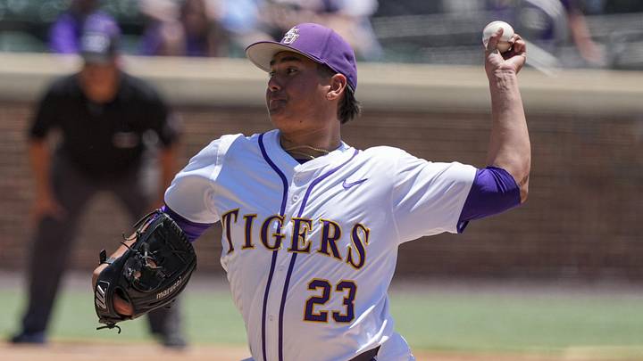 May 31, 2024; Chapel Hill, NC, USA; LSU pitcher Gage Jump (23) throws against the Wofford Terriers during the NCAA Regional in Chapel Hill. Mandatory Credit: Jim Dedmon-Imagn Images May 31, 2024; Chapel Hill, NC, USA; LSU pitcher Gage Jump (23) throws against the Wofford Terriers during the NCAA Regional in Chapel Hill. Mandatory Credit: Jim Dedmon-Imagn Images