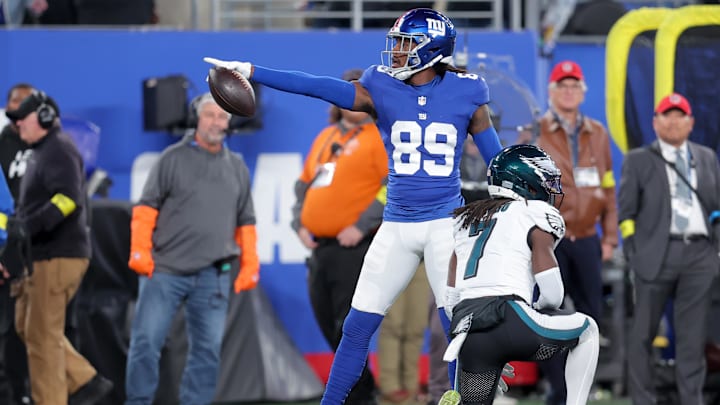 Oct 9, 2025; East Rutherford, New Jersey, USA; New York Giants wide receiver Lil'Jordan Humphrey (89) celebrates after making a reception defended by Philadelphia Eagles cornerback Kelee Ringo (7) during the first quarter of the game at MetLife Stadium. Mandatory Credit: Brad Penner-Imagn Images Oct 9, 2025; East Rutherford, New Jersey, USA; New York Giants wide receiver Lil'Jordan Humphrey (89) celebrates after making a reception defended by Philadelphia Eagles cornerback Kelee Ringo (7) during the first quarter of the game at MetLife Stadium. Mandatory Credit: Brad Penner-Imagn Images