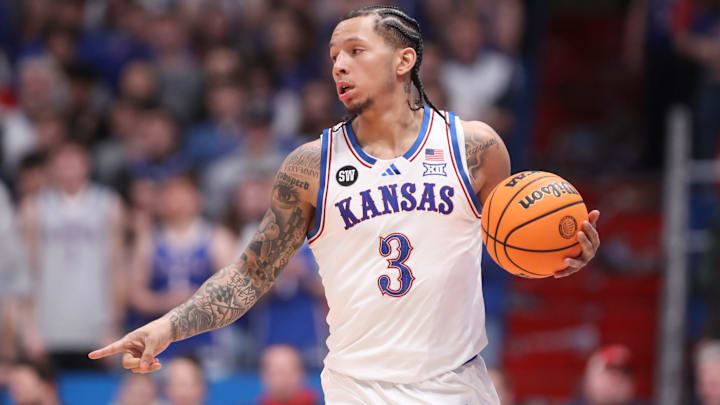 Kansas Jayhawks guard Tre White (3) marks a spot for players during the game against Baylor Bears inside Allen Fieldhouse on Jan. 16, 2026.