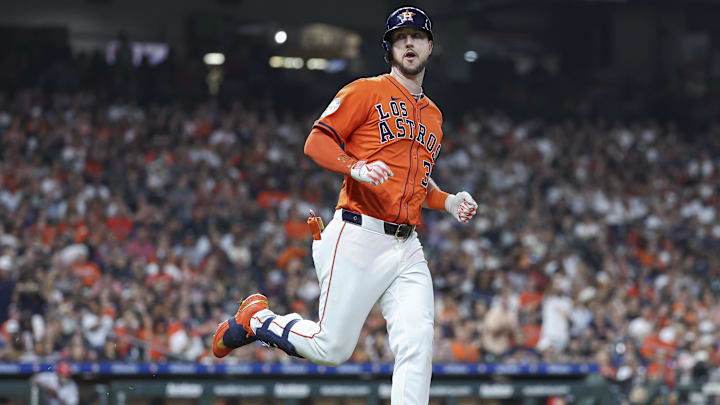 Sep 20, 2024; Houston, Texas, USA; Houston Astros right fielder Kyle Tucker (30) looks towards the dugout after hitting a single during the third inning against the Los Angeles Angels at Minute Maid Park. Mandatory Credit: Troy Taormina-Imagn Images