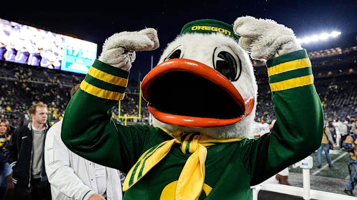 The Oregon Duck celebrates 38-17 win over Michigan at Michigan Stadium in Ann Arbor on Saturday, Nov. 2, 2024.