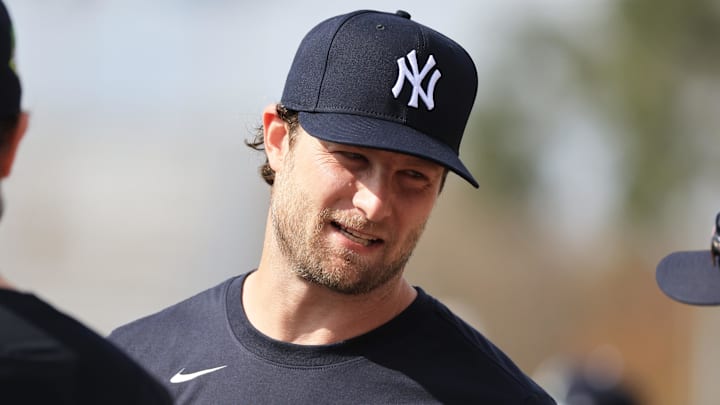 Feb 12, 2026; Tampa, FL, USA;  New York Yankees pitcher Gerrit Cole (45) works out during spring training workouts at George M. Steinbrenner Field. Mandatory Credit: Kim Klement Neitzel-Imagn Images
