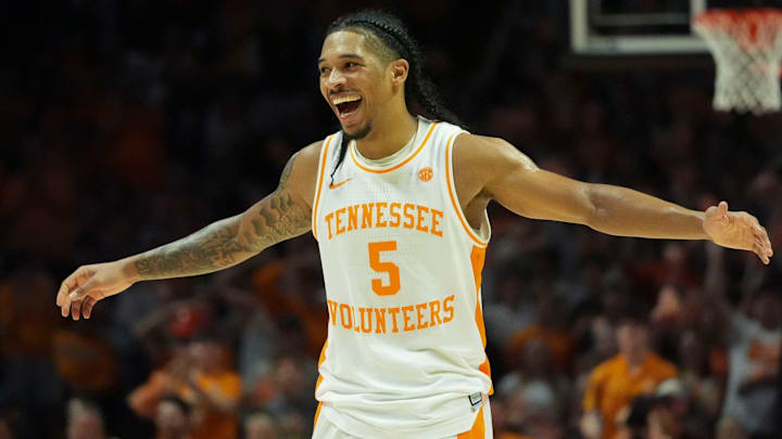 Tennessee's Zakai Zeigler (5) celebrating during the NCAA college basketball game against Missouri on Wednesday, Feb. 5, 2025, in Knoxville, Tenn. Tennessee's Zakai Zeigler (5) celebrating during the NCAA college basketball game against Missouri on Wednesday, Feb. 5, 2025, in Knoxville, Tenn.