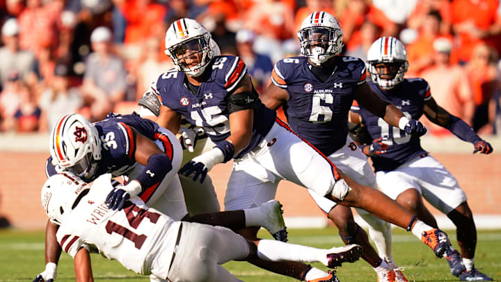 Oct 28, 2023; Auburn, Alabama, USA; Auburn Tigers linebacker Jalen McLeod (35) tackles Mississippi