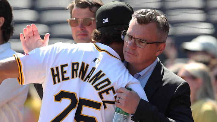 Jul 22, 2025; Pittsburgh, Pennsylvania, USA;  Seth Hernandez (left) the Pittsburgh Pirates first round and number six overall pick in the 2025 first year player draft greets Pirates general manger Ben Cherington (right) before the game against the Detroit Tigers at PNC Park. Mandatory Credit: Charles LeClaire-Imagn Images