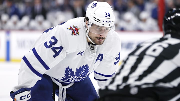 Jan 27, 2024; Winnipeg, Manitoba, CAN; Toronto Maple Leafs center Auston Matthews (34) waits for a