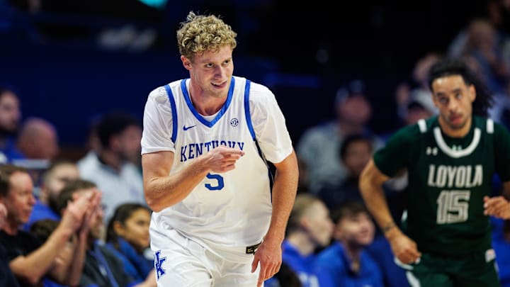 Nov 21, 2025; Lexington, Kentucky, USA; Kentucky Wildcats guard Collin Chandler (5) reacts after making a three point basket during the first half against the Loyola (MD) Greyhounds at Rupp Arena at Central Bank Center. Mandatory Credit: Jordan Prather-Imagn Images Nov 21, 2025; Lexington, Kentucky, USA; Kentucky Wildcats guard Collin Chandler (5) reacts after making a three point basket during the first half against the Loyola (MD) Greyhounds at Rupp Arena at Central Bank Center. Mandatory Credit: Jordan Prather-Imagn Images