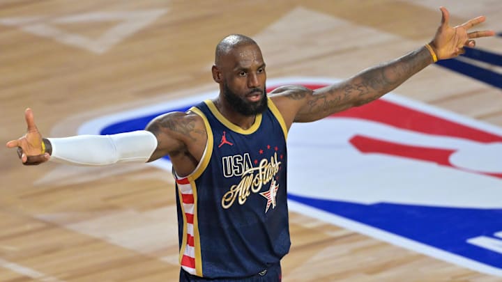 Feb 15, 2026; Inglewood, California, USA; Team USA Stripes forward LeBron James (23) of the Los Angeles Lakers celebrates after game two during the 75th NBA All Star Game at Intuit Dome. Mandatory Credit: Jayne Kamin-Oncea-Imagn Images