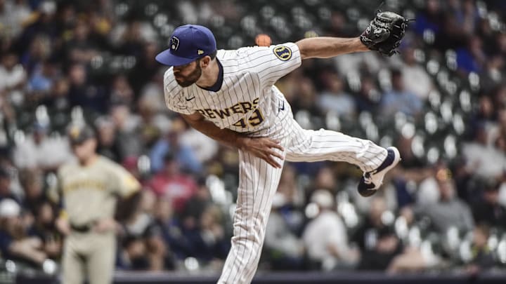 Jun 3, 2022; Milwaukee, Wisconsin, USA; Milwaukee Brewers pitcher Luke Barker (49) throws a pitch from the mound. Jun 3, 2022; Milwaukee, Wisconsin, USA; Milwaukee Brewers pitcher Luke Barker (49) throws a pitch from the mound.