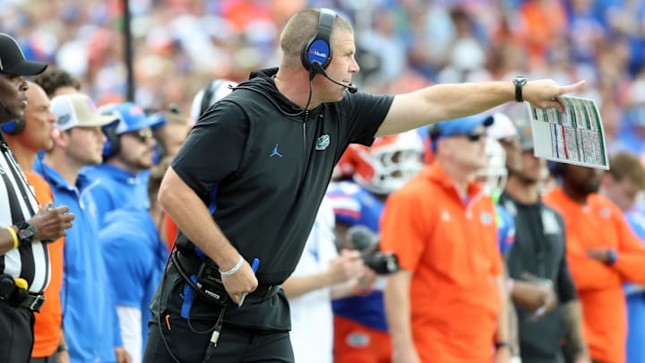 Sep 6, 2025; Gainesville, Florida, USA; Florida Gators head coach Billy Napier against the South Florida Bulls during the second half at Ben Hill Griffin Stadium. Mandatory Credit: Kim Klement Neitzel-Imagn Images