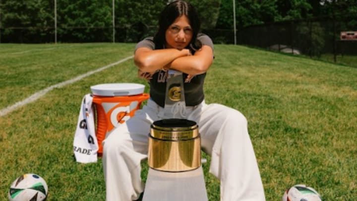 Addison Halpern, of Rutgers Prep (Somerset, New Jersey), poses with the 2025 Gatorade Women's National Soccer Player of the Year Award after learning she'd won it in a surprise event by Gatorade on Friday, June 20, 2025. Halpern now attends college at Virginia. 