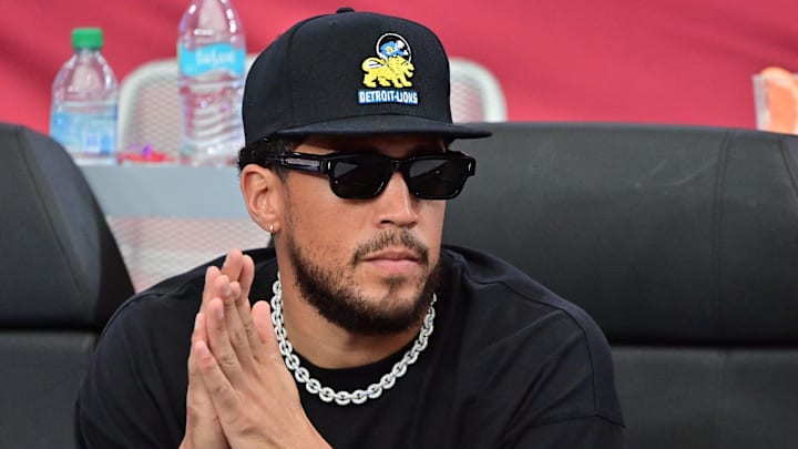 Sep 22, 2024; Glendale, Arizona, USA; Phoenix Suns player Devin Booker watches the game between the Arizona Cardinals and the Detroit Lions in the second half at State Farm Stadium. Mandatory Credit: Matt Kartozian-Imagn Images Sep 22, 2024; Glendale, Arizona, USA; Phoenix Suns player Devin Booker watches the game between the Arizona Cardinals and the Detroit Lions in the second half at State Farm Stadium. Mandatory Credit: Matt Kartozian-Imagn Images