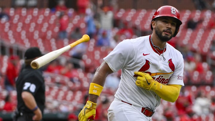 Apr 2, 2025; St. Louis, Missouri, USA;  St. Louis Cardinals catcher Ivan Herrera (48) tosses his bat after hitting a two run home run for his second home run of the game against the Los Angeles Angels during the sixth inning at Busch Stadium. Mandatory Credit: Jeff Curry-Imagn Images