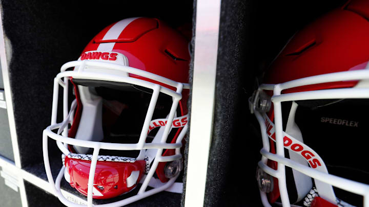 Georgia helmets on the field before the start of a NCAA college football game in Athens, on Saturday, Sept. 7, 2024.