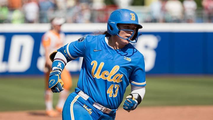 Jun 1, 2025; Oklahoma City, OK, USA;  UCLA Bruins utility Megan Grant (43) rounds the bases after hitting a two run home run tying the game in the seventh inning against the Tennessee Lady Volunteers during the NCAA Softball Women's College World Series at Devon Park. Mandatory Credit: Brett Rojo-Imagn Images