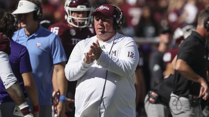 Texas A&M Aggies head coach Mike Elko reacts during the second quarter against the South Carolina Gamecocks at Kyle Field.