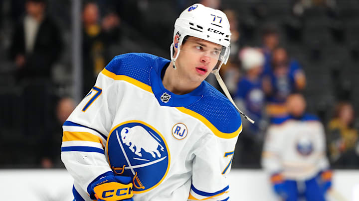 Dec 15, 2023; Las Vegas, Nevada, USA; Buffalo Sabres right wing JJ Peterka (77) warms up before a