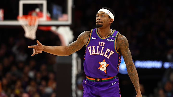 Jan 12, 2025; Phoenix, Arizona, USA; Phoenix Suns guard Bradley Beal (3) reacts against the Charlotte Hornets during the first half at Footprint Center. Mandatory Credit: Mark J. Rebilas-Imagn Images