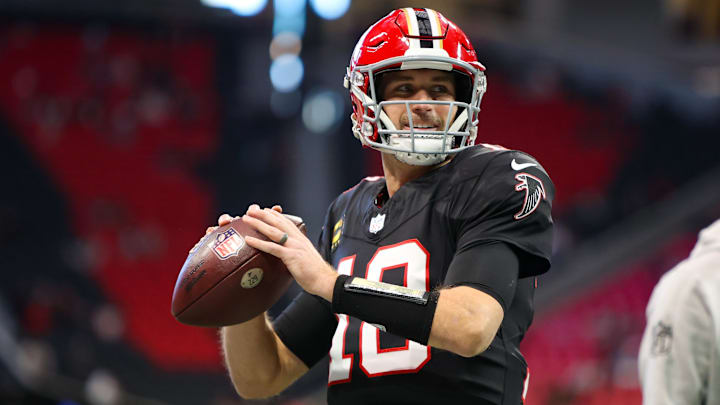 Dec 22, 2024; Atlanta, Georgia, USA; Atlanta Falcons quarterback Kirk Cousins (18) prepares for a game against the New York Giants at Mercedes-Benz Stadium. Mandatory Credit: Brett Davis-Imagn Images
