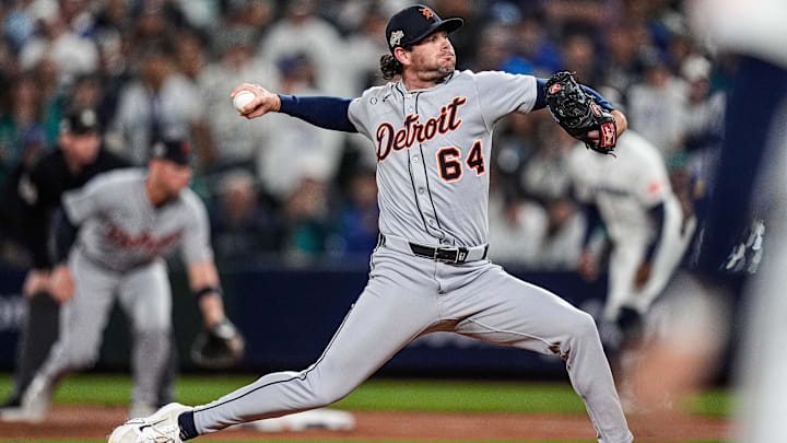 Detroit Tigers pitcher Kyle Finnegan (64) throws against Seattle Mariners during the seventh inning during ALDS Game 5 at T-Mobile Park in Seattle on Friday, Oct. 10, 2025.