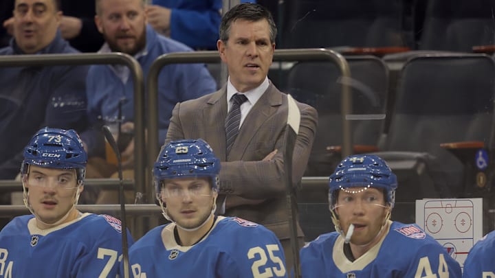 Feb 5, 2026; New York, New York, USA; New York Rangers head coach Mike Sullivan coaches against the Carolina Hurricanes during the first period at Madison Square Garden. Mandatory Credit: Brad Penner-Imagn Images Feb 5, 2026; New York, New York, USA; New York Rangers head coach Mike Sullivan coaches against the Carolina Hurricanes during the first period at Madison Square Garden. Mandatory Credit: Brad Penner-Imagn Images