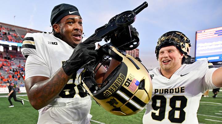 Purdue Boilermakers offensive lineman James Williams Jr. (58) celebrates a win.